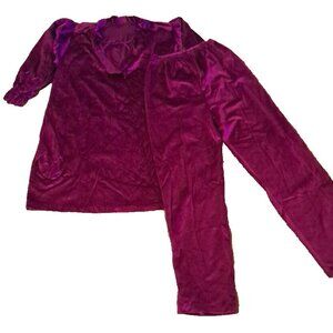 Womens Vintage Velour Pajamas Magenta Pink Tunic Top Pants Pockets Loungewear S